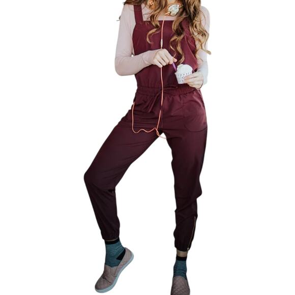 Albion Classic Overall Jumpsuit Jogger Tapered Leg Zip Hem Outdoor Wine Large - Picture 1 of 4